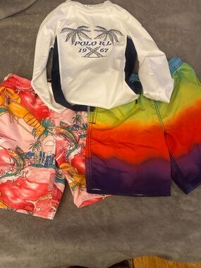 Polo by Ralph Lauren White & Navy Kids Rash Guard with Tropical Swim Shorts